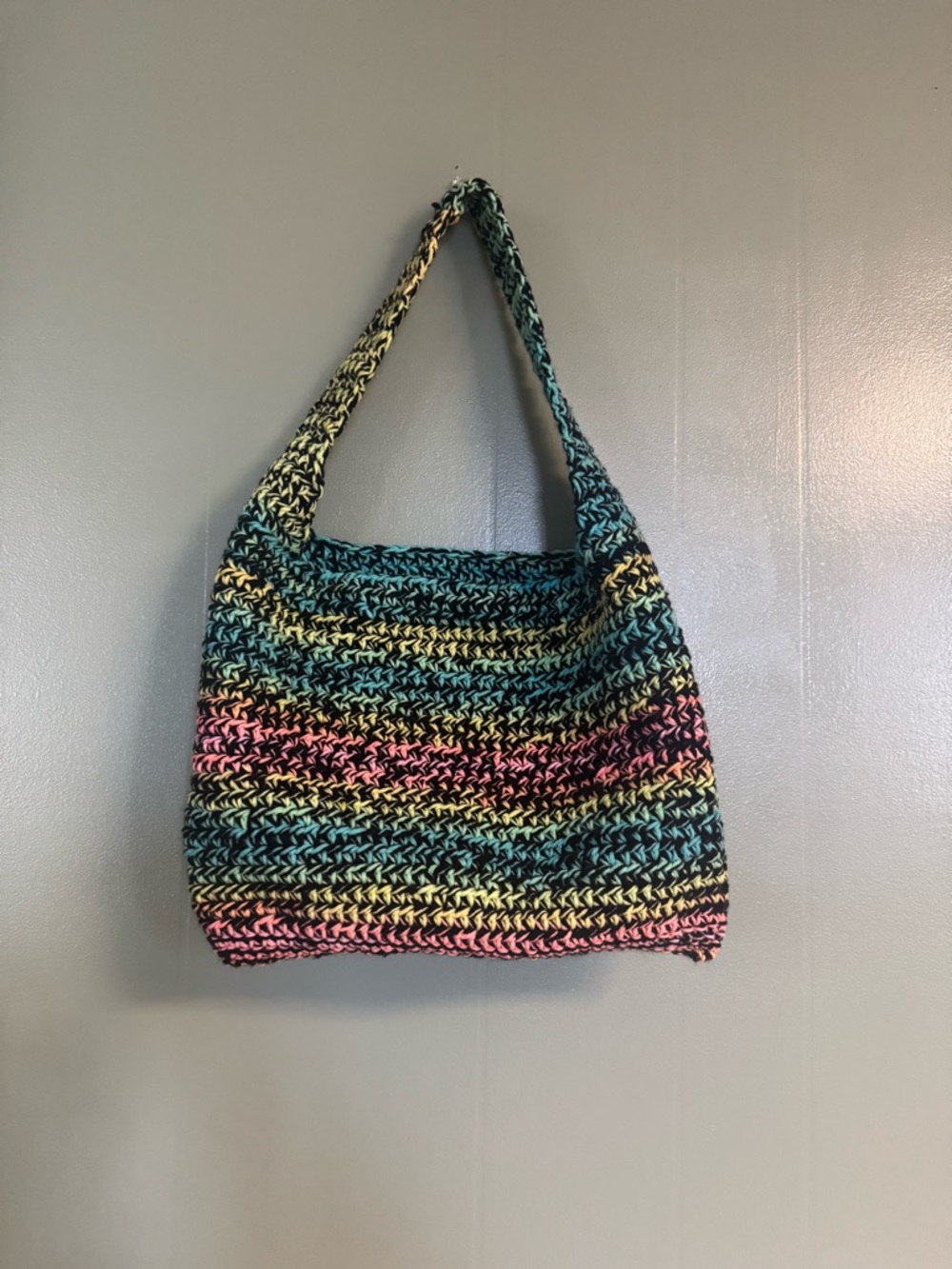 Hand Crafted Multicolor Crochet Shoulder Bag in Teal, Pink, Yellow, Black